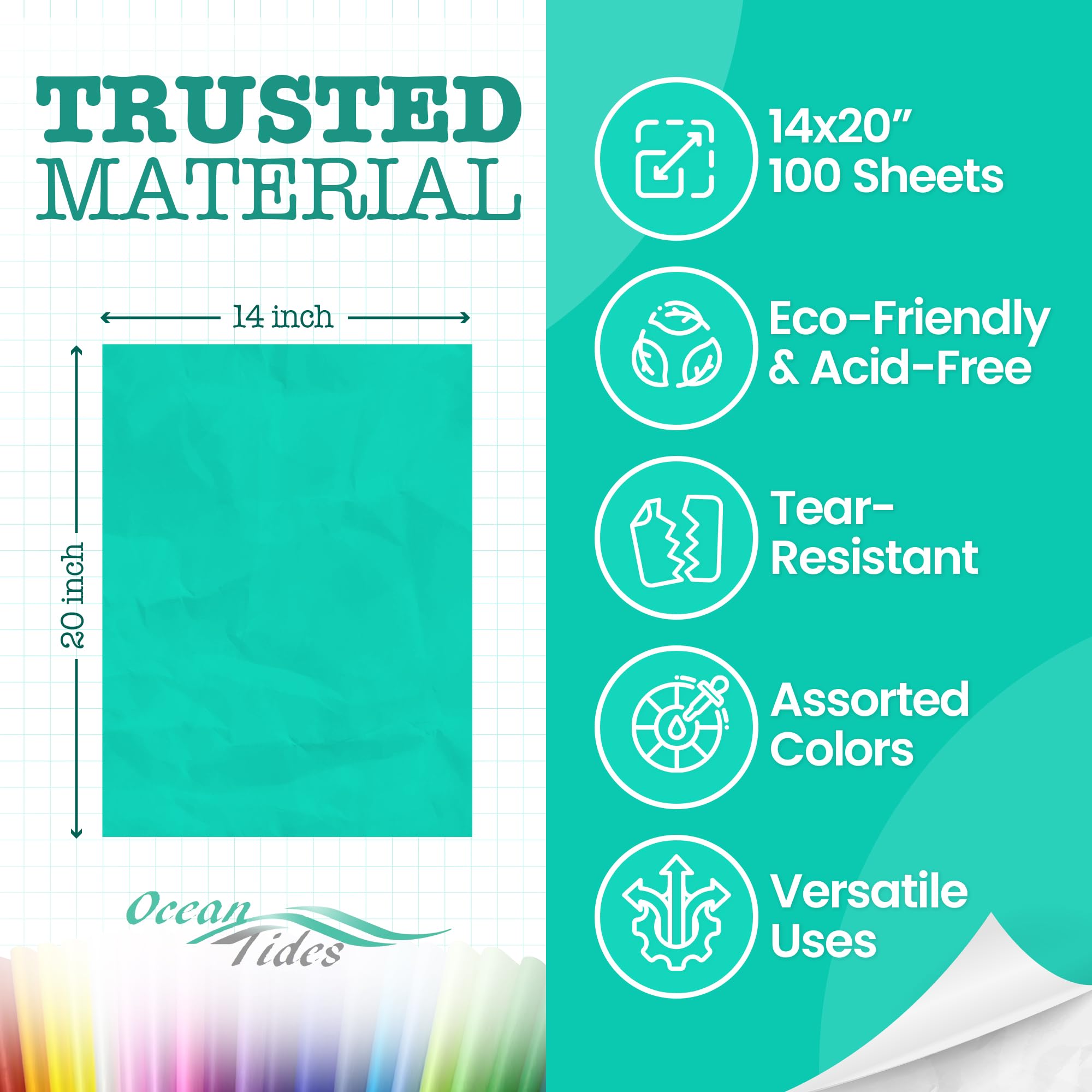Ocean Tides Gift Wrapping Assorted Tissue Paper Bulk - Wrapping Paper for Crafts, Birthdays, Holidays, & Special Event - Colored Tissue Papers for Gift Bags & Decorations - 100 Sheets (14 x 20 inches)