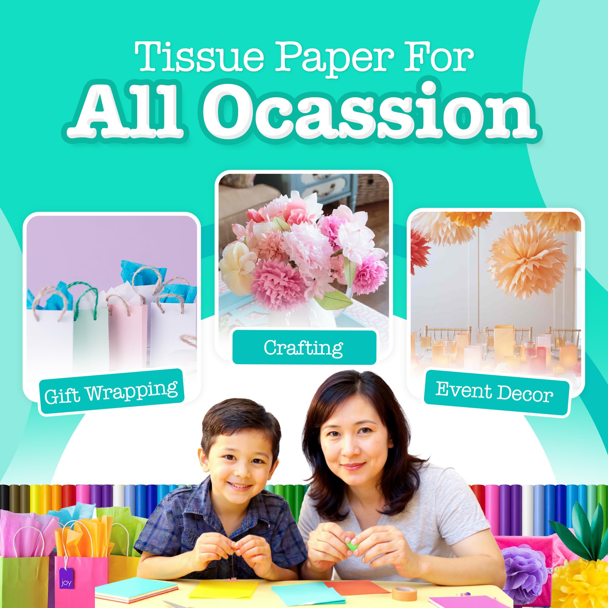 Ocean Tides Gift Wrapping Assorted Tissue Paper Bulk - Wrapping Paper for Crafts, Birthdays, Holidays, & Special Event - Colored Tissue Papers for Gift Bags & Decorations - 100 Sheets (14 x 20 inches)