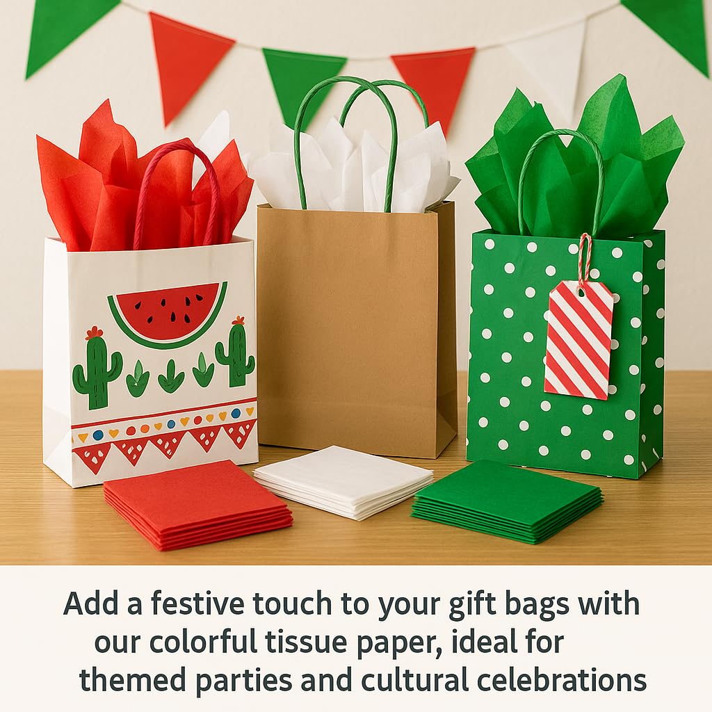 Ocean Tides Gift Wrapping White, Green, & Red Tissue Paper for Gift Bags & Crafts - Christmas Tissue Paper Bulk for Holiday Decorations, Birthdays, & Special Events - 30 Sheets (20 x 26 inches)