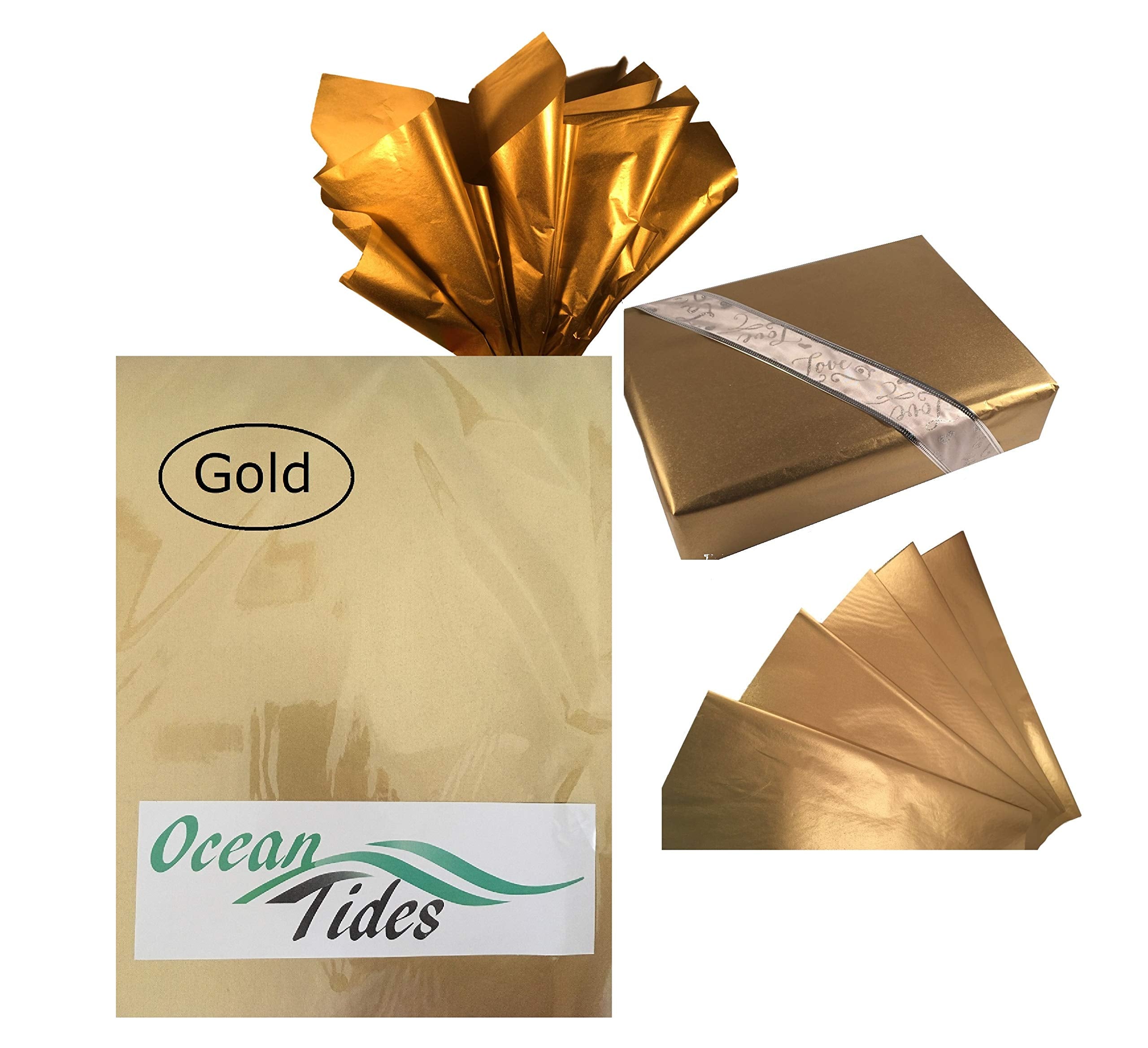 Ocean Tides Gift Wrapping Tissue Paper - Gift Tissue Paper for Birthdays, DIY Crafts, & Christmas - 50 Sheets Bulk Tissue Paper for Gift Bags - Solid Gold & Gold Dots (15 x 20 inches)