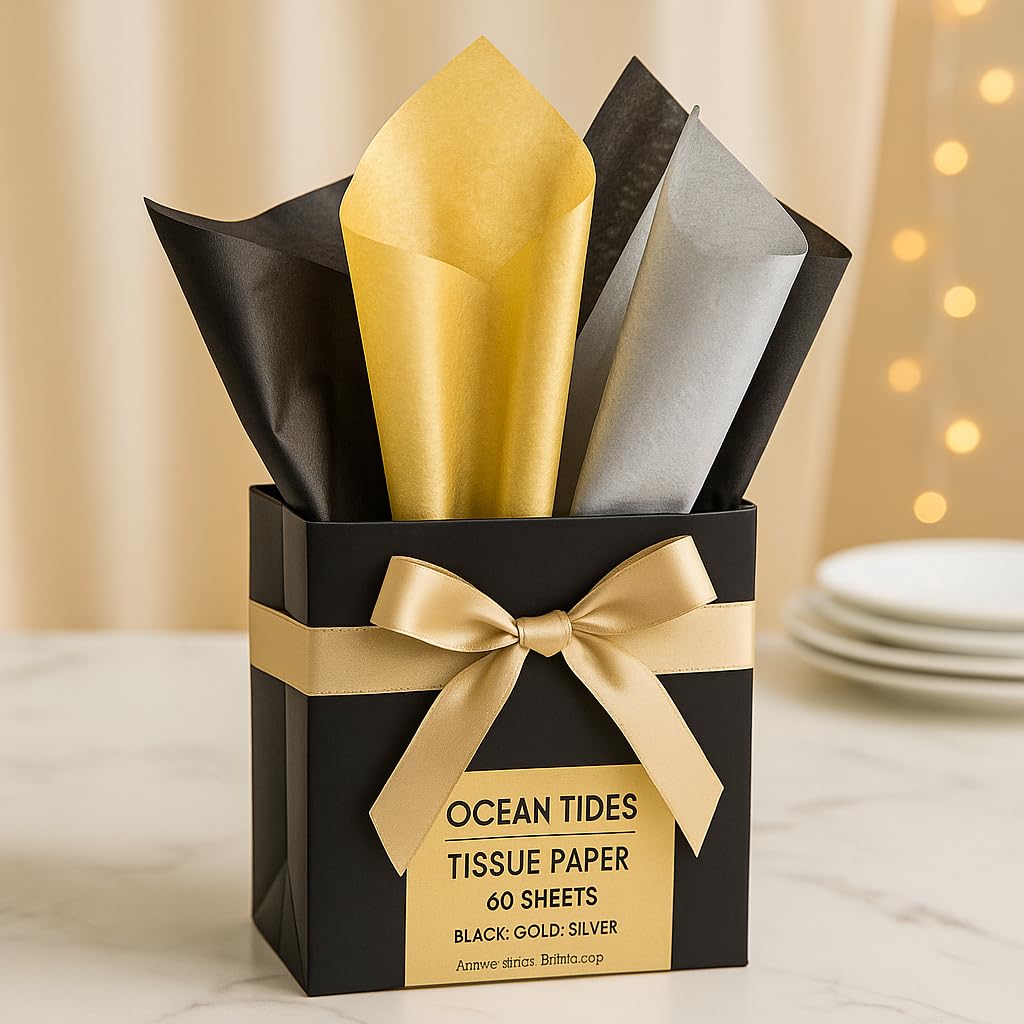 Ocean Tides Silver, Black, and Gold Tissue Paper for Gift Bags & Decorations - Tissue Paper Bulk for Crafts, Gift Wrapping, Birthdays, Holidays, and Special Events - 60 Sheets (14 x 20 Inches)