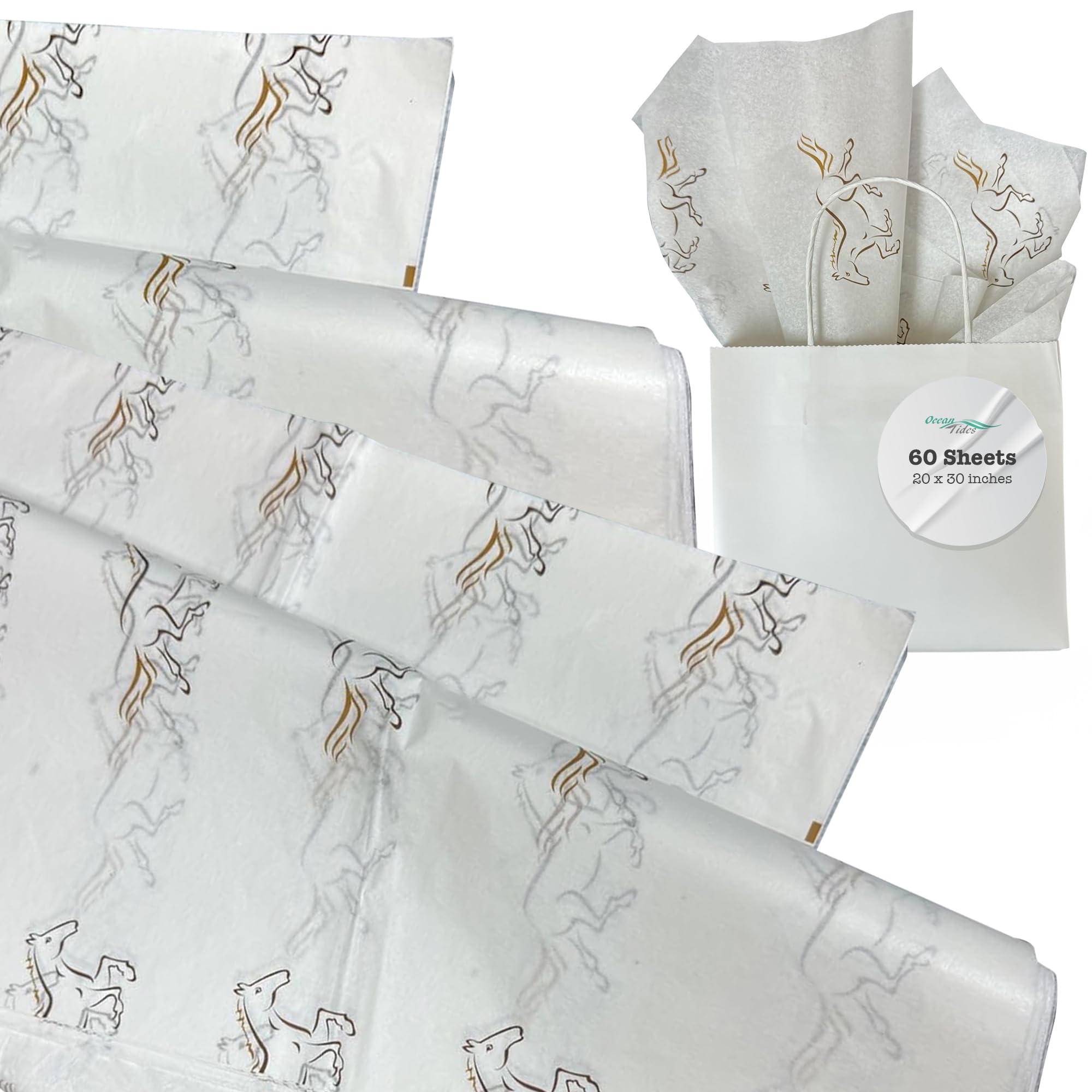 Ocean Tides Gift Wrapping Horse Tissue Paper Bulk - Wrapping Papers for Crafts, Birthdays, Holidays, & Special Event - Colored Tissue Paper for Gift Bags & Decorations - 60 Sheets (30 x 20 inches)