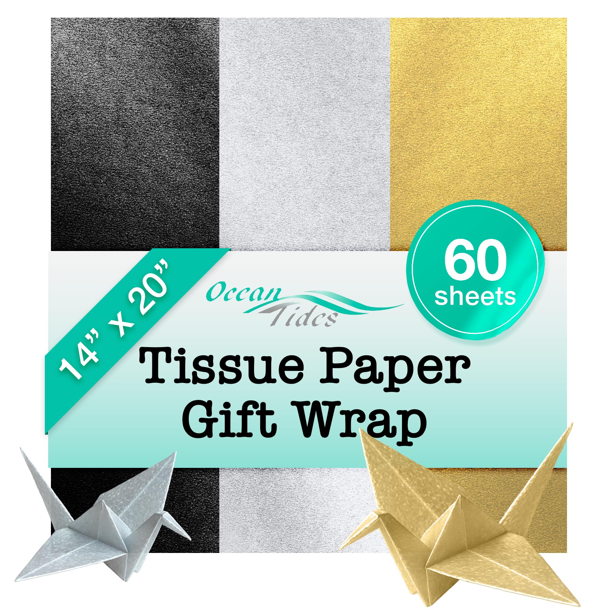 Ocean Tides Silver, Black, and Gold Tissue Paper for Gift Bags & Decorations - Tissue Paper Bulk for Crafts, Gift Wrapping, Birthdays, Holidays, and Special Events - 60 Sheets (14 x 20 Inches)