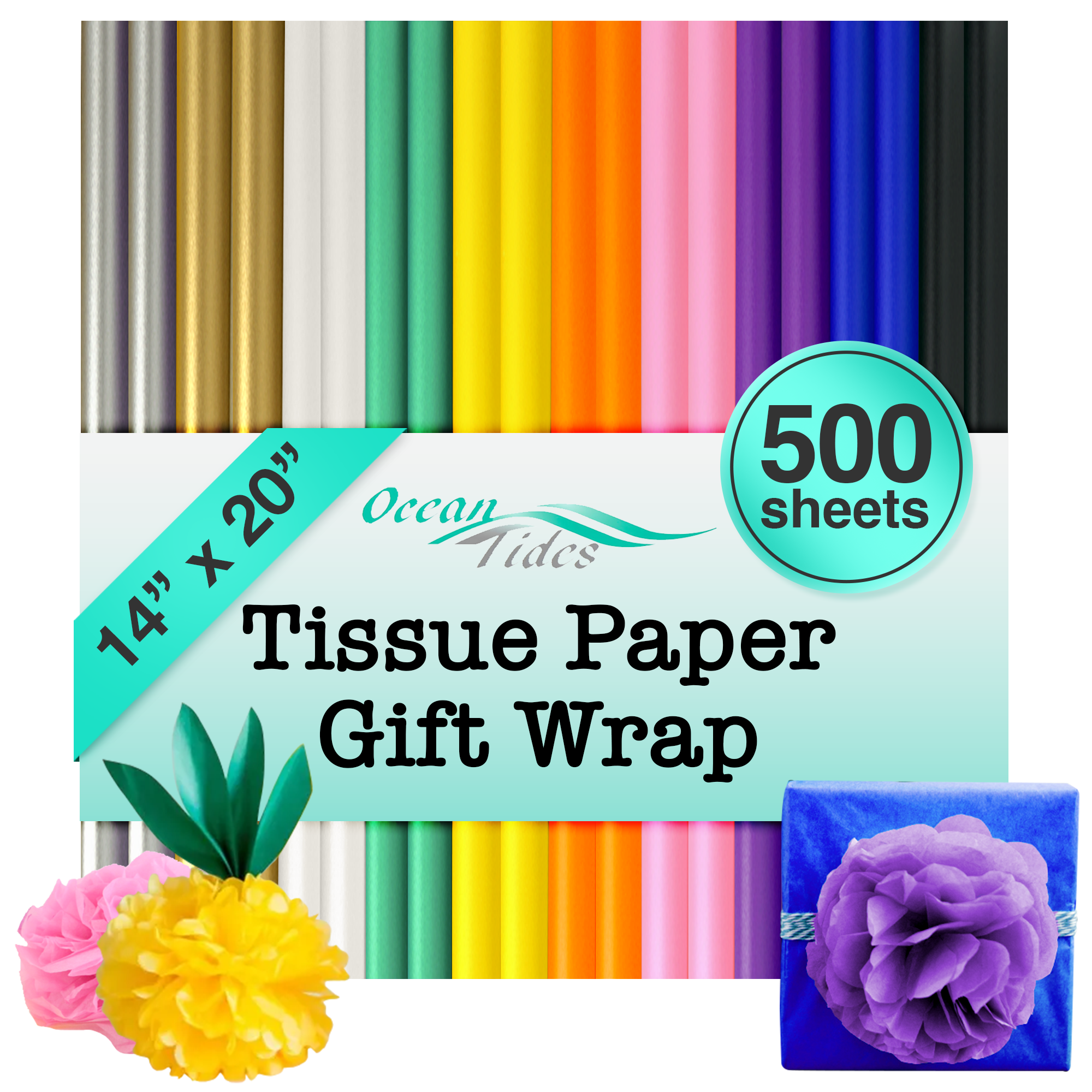 Ocean Tides Gift Wrapping Assorted Tissue Paper Bulk - Wrapping Paper for Crafts, Birthdays, Holidays, & Special Event - Colored Tissue Papers for Gift Bags & Decorations - 500 Sheets (14 x 20 inches)