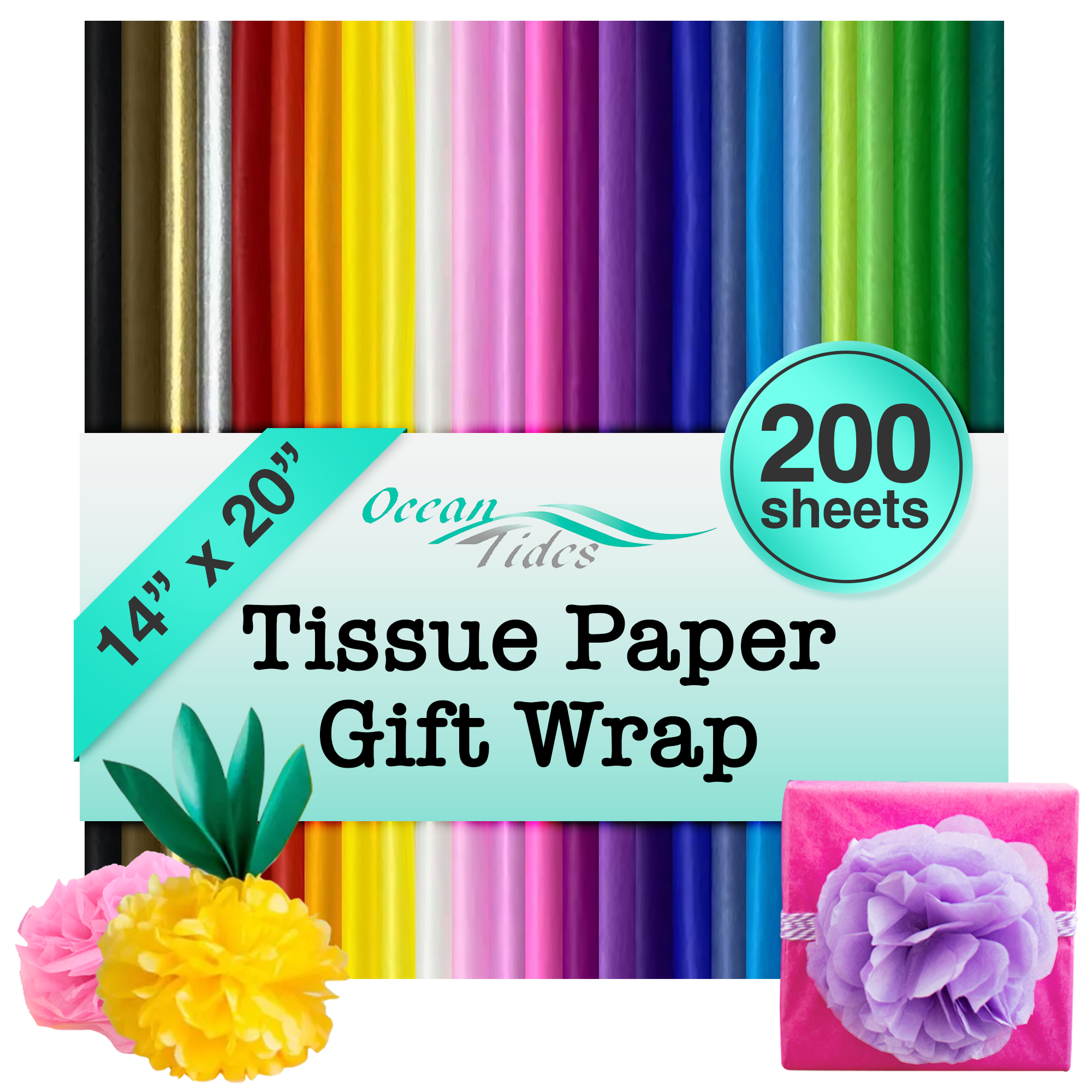 Ocean Tides Gift Wrapping Assorted Tissue Paper Bulk - Wrapping Paper for Crafts, Birthdays, Holidays, & Special Event - Colored Tissue Papers for Gift Bags & Decorations - 200 Sheets (14 x 20 inches)