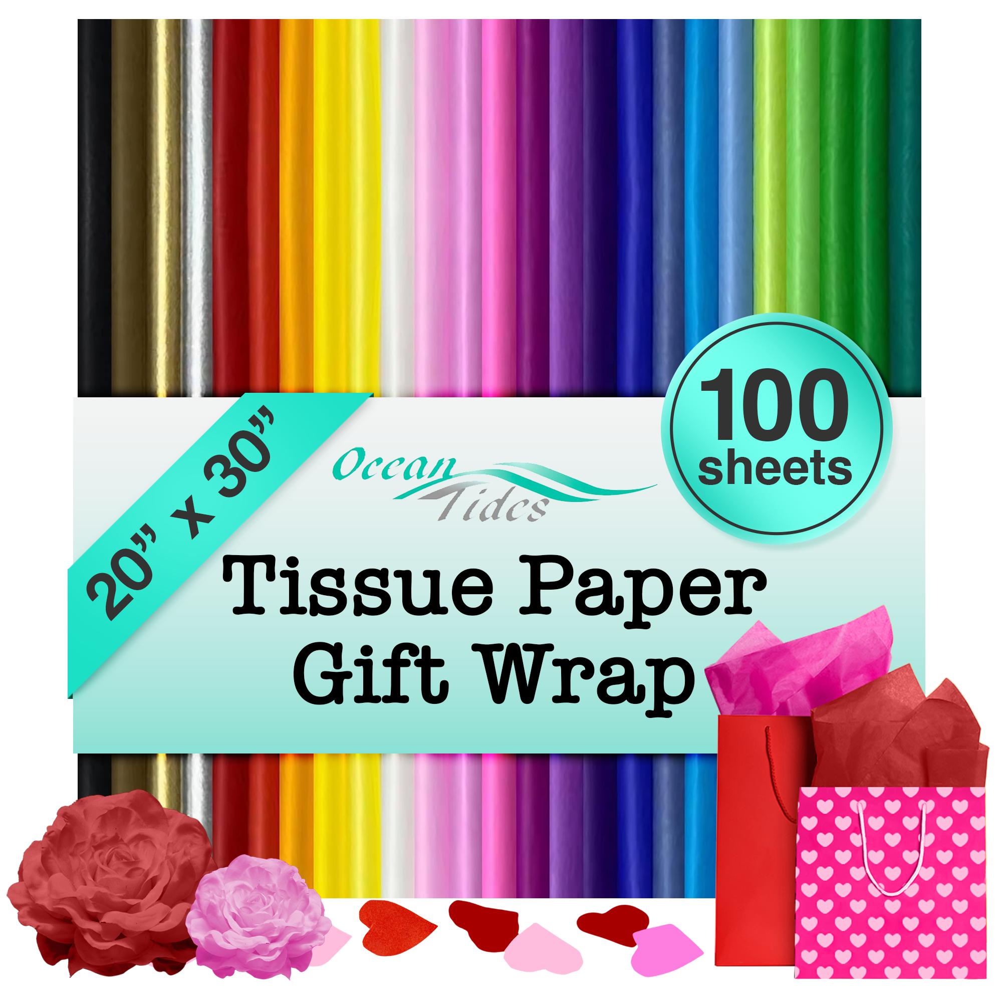 Ocean Tides Gift Wrapping Assorted Tissue Paper Bulk - Wrapping Paper for Crafts, Birthdays, Holidays, & Special Event - Colored Tissue Paper for Gift Bags & Decorations - 100 Sheets (20 x 30 inches)
