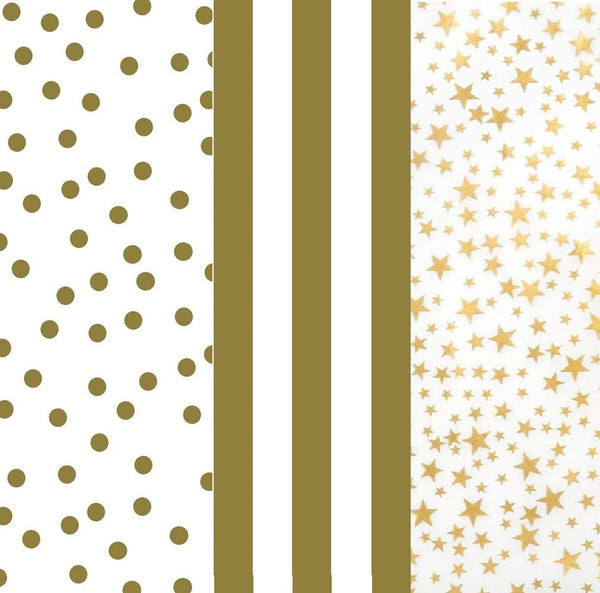 Ocean Tides Gift Wrapping Gold Stars, Dots, & Stripes Tissue Paper Bulk - Wrapping Paper for Crafts, Birthdays, Holidays, & Special Event- Colored Tissue Paper for Gift Bags- 75 Sheets(15 x 20 inches)